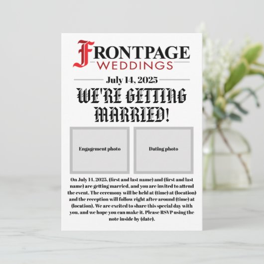 Nieuwsbrief-stijl bruiloft uitnodiging (Staand voorkant)
