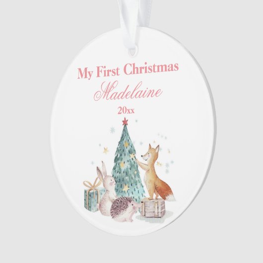 Nieuwsdieren met de eerste kerstdag ornament (voorkant)