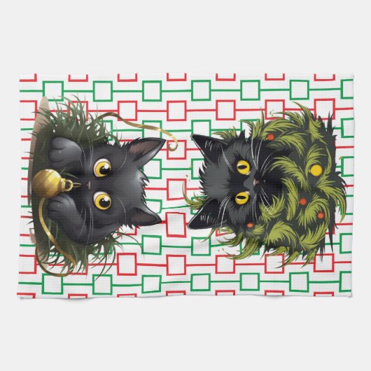 Nieuwsgierig Black Cats spelen met decoraties Theedoek (Horizontaal)