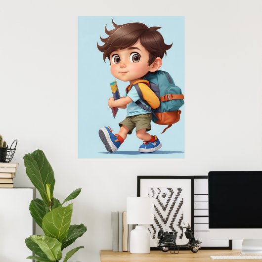 Nieuwsgierig Comic Boy Learning Adventures AI Art Poster (Thuiskantoor)