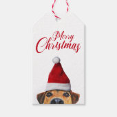 Nieuwsgierig Cute Funny Dog met Santa Hat Cadeaulabel (Voorkant)