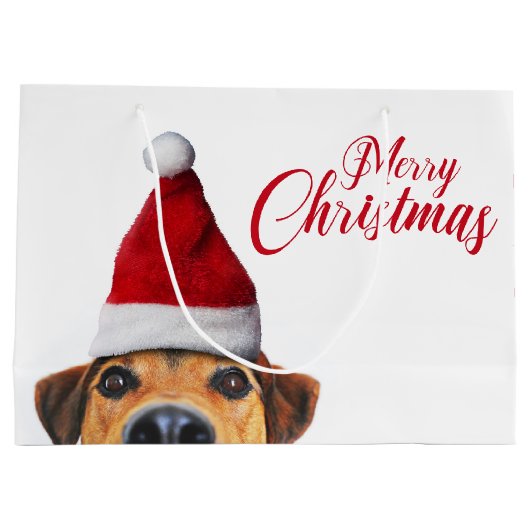 Nieuwsgierig Cute Funny Dog met Santa Hat Groot Cadeauzakje (Achterkant)