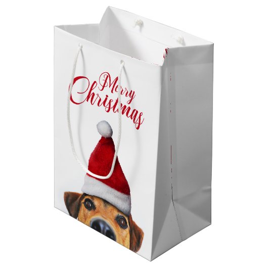 Nieuwsgierig Cute Funny Dog met Santa Hat Medium Cadeauzakje (Voorkant Gekanteld)