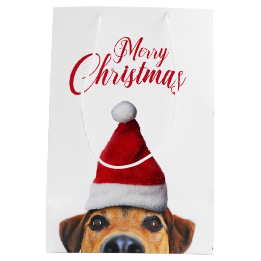 Nieuwsgierig Cute Funny Dog met Santa Hat Medium Cadeauzakje (Achterkant)