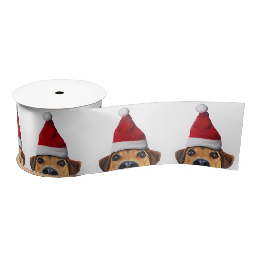 Nieuwsgierig Cute Funny Dog met Santa Hat Satijnen Lint (Spoel)