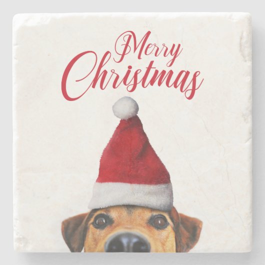 Nieuwsgierig Cute Funny Dog met Santa Hat Stenen Onderzetter (Voorkant)