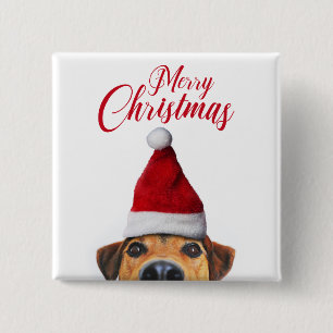 Nieuwsgierig Cute Funny Dog met Santa Hat Vierkante Button 5,1 Cm