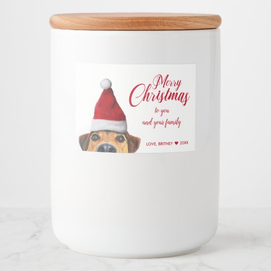 Nieuwsgierig Cute Funny Dog met Santa Hat Voedselcontainer Etiket (Voorkant)