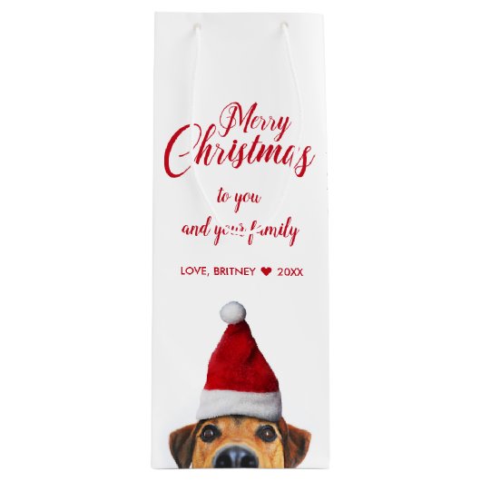 Nieuwsgierig Cute Funny Dog met Santa Hat Wijn Cadeautas (Voorkant)