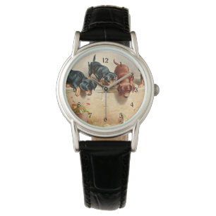 Nieuwsgierig Dachshund-Puppy en kikker Horloge