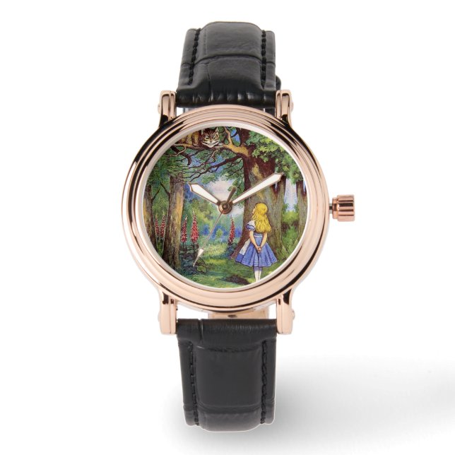 Nieuwsgierig en nieuwsgierig Alice Cheshire Cat Horloge (Voorkant)