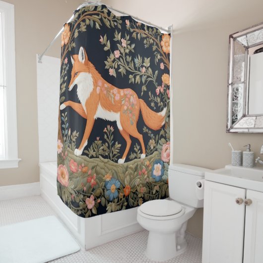 Nieuwsgierig Fox Faux Borduurwerk Elegant Bloemen Douchegordijn (In situ)