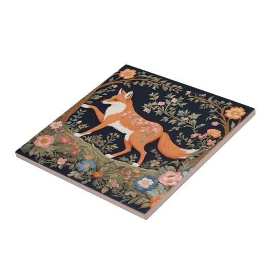 Nieuwsgierig Fox Faux Borduurwerk Elegant Bloemen Tegeltje (Zijkant)