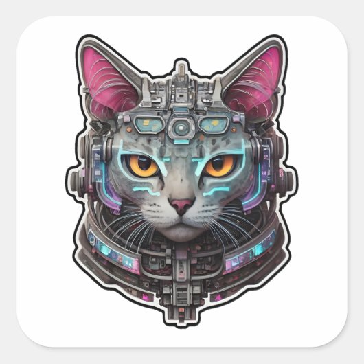 Nieuwsgierig Kat in een cyberhelm Vierkante Sticker (Voorkant)