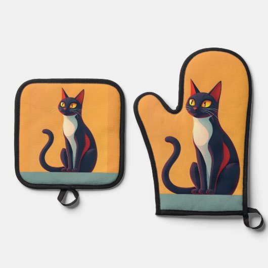 Nieuwsgierig kat ovenwant & pannenlap set (Voorkant)