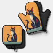 Nieuwsgierig kat ovenwant & pannenlap set (Voorkant / Achterkant)