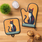Nieuwsgierig kat ovenwant & pannenlap set (Top down)