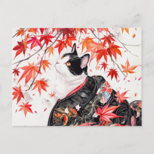 Nieuwsgierig katje tussen herfstbladeren in Chines Briefkaart