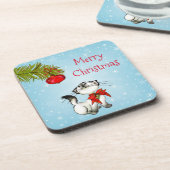 Nieuwsgierig kerstKat met een rode bol Bier Onderzetter (Linkerzijde)