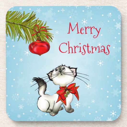 Nieuwsgierig kerstKat met een rode bol Bier Onderzetter (Voorkant)
