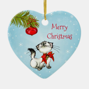 Nieuwsgierig kerstKat met een rode bol Keramisch Ornament