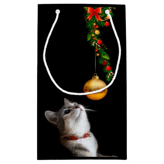 Nieuwsgierig kerstkatje klein cadeauzakje (Achterkant)