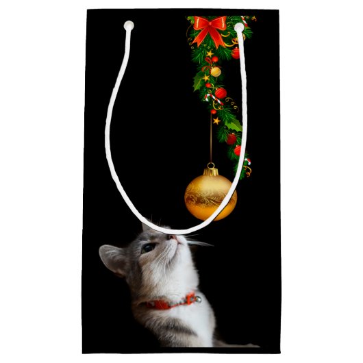 Nieuwsgierig kerstkatje klein cadeauzakje (Voorkant)