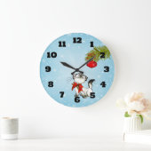 Nieuwsgierig keukenkat in een rode kerstbak grote klok (Huis)