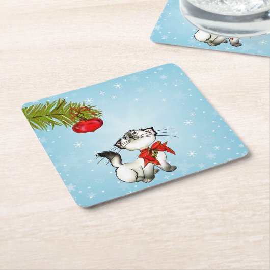 Nieuwsgierig keukenkat in een rode kerstbak kartonnen onderzetters (Schuin)