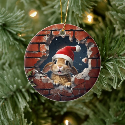 Nieuwsgierig konijn in Santa Hat - 3D Keramisch Ornament (Boom)