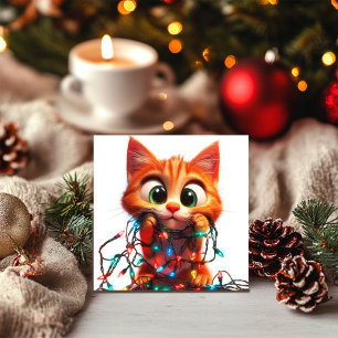 Nieuwsgierig Oranje Kitten met Feestelijke Lichtje Feestdagenkaart