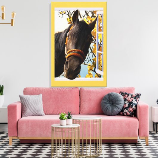 Nieuwsgierig paard dat door het keukenvenster kijk canvas afdruk (Insitu (Woonkamer))