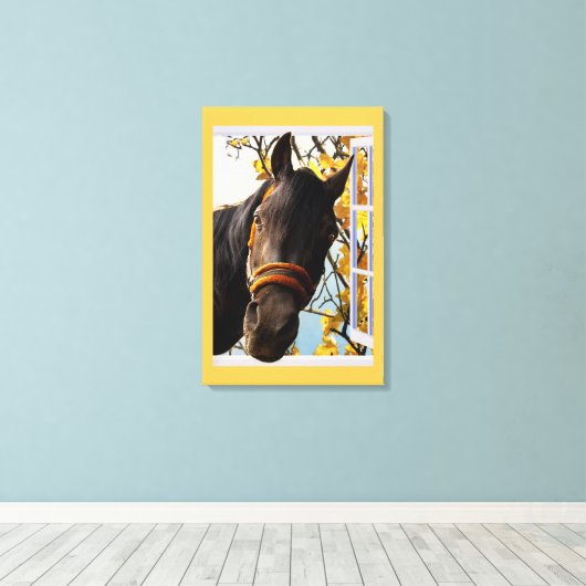 Nieuwsgierig paard dat door het keukenvenster kijk canvas afdruk (Insitu (Houten vloer))