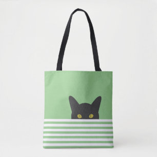 Nieuwsgierig Peeking Black Cat Green Stripe Tote Bag