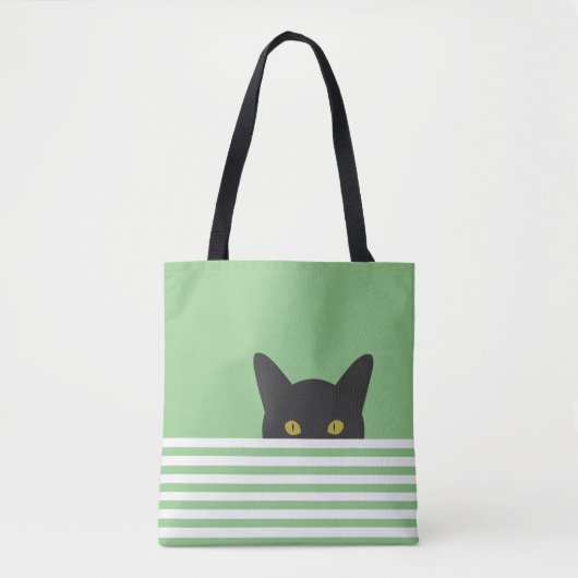 Nieuwsgierig Peeking Black Cat Green Stripe Tote Bag (Voorkant)