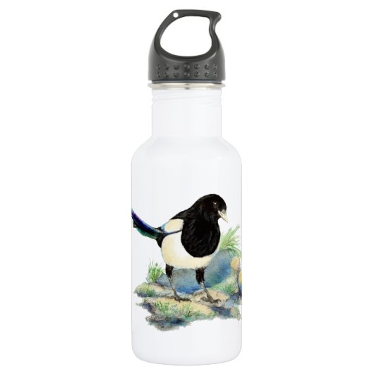 Nieuwsgierig Waterverf Magpie Bird Art Waterfles (Voorkant)