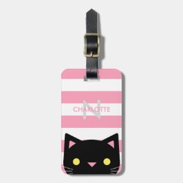 Nieuwsgierig zwart kat | Stripes | Monogram Bagagelabel