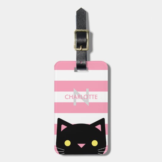 Nieuwsgierig zwart kat | Stripes | Monogram Bagagelabel (Voorkant verticaal)