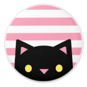 Nieuwsgierig zwart kat | Stripes | Roze en wit Keramische Knop (Voorkant)