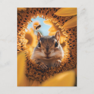 Nieuwsgierige Chipmunk gluren door gegeten zonnebl Briefkaart