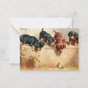 Nieuwsgierige dachshondpuppy's en een kikker notitiekaartje