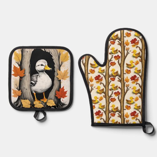 Nieuwsgierige eendjes en herfstbladeren Patroonont Ovenwant & Pannenlap Set (Voorkant)