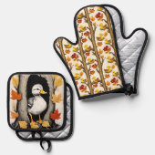 Nieuwsgierige eendjes en herfstbladeren Patroonont Ovenwant & Pannenlap Set (Voorkant / Achterkant)