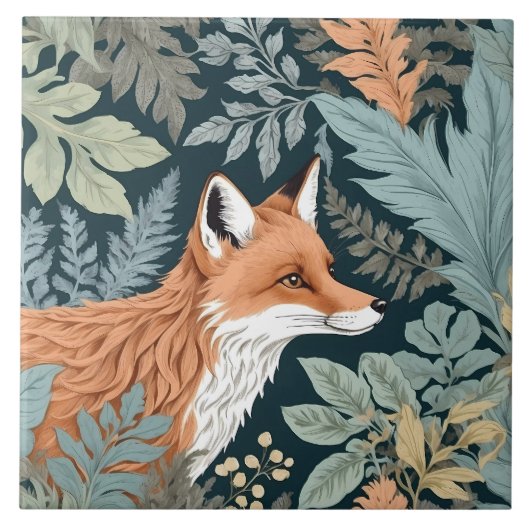 Nieuwsgierige Fox Fern laat William Morris inspire Tegeltje (Voorkant)