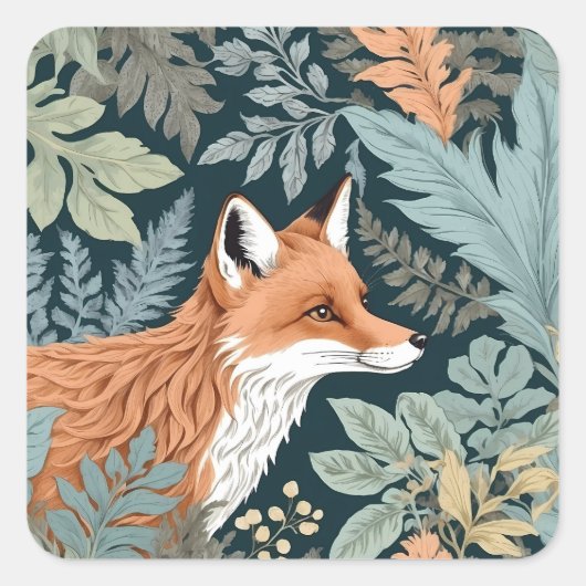Nieuwsgierige Fox Fern laat William Morris inspire Vierkante Sticker (Voorkant)