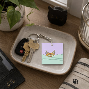 Nieuwsgierige Gember PeekaBoo Kat Grappige Lavende Sleutelhanger