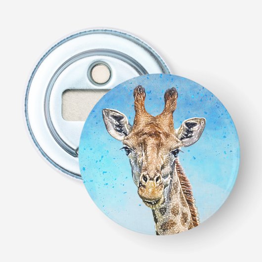 Nieuwsgierige Giraffe met Blue Confetti Sky Button Flesopener (Voorkant)