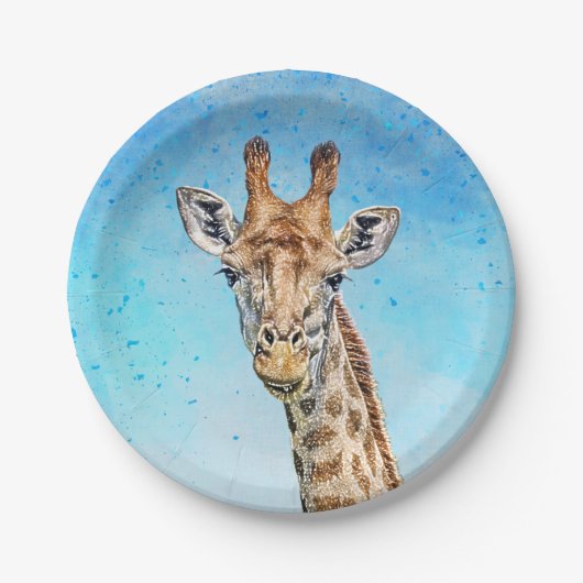 Nieuwsgierige Giraffe met Blue Confetti Sky Papieren Bordje (Voorkant)