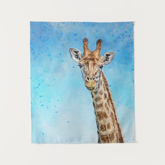 Nieuwsgierige Giraffe met Blue Confetti Sky Wandkleed (Voorkant)