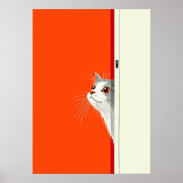 Nieuwsgierige kat die door de deur gluurt poster